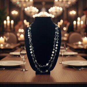 Premier Designs Long Necklace Faux Gray Pearls w/Clear & Black Gems 60”
